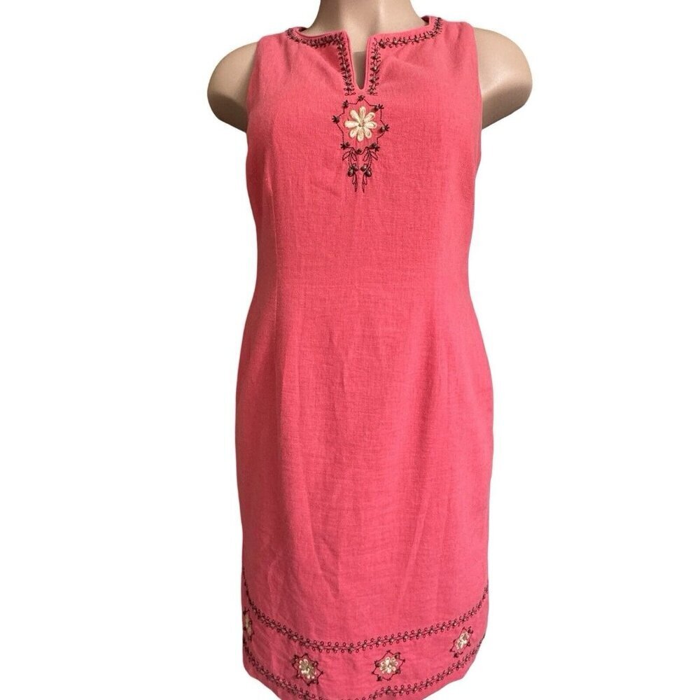SAG HARBOR Linen Sheath Dress Women Sz 12 Pink Beaded Embroidered Sleeveless